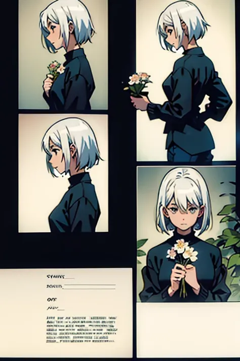 Girl with short white hair small and really skinny,  smelling flowers, manga page with panels and dialogue  