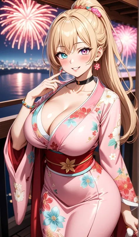 ((One personの女性)), Beautiful Face, Laughing embarrassedly,((Wink:1.9)),Laugh with your mouth wide open,((Red cheeks:1.4)),Glossy pink lips,(finger to mouth),night,rooftop,Festive decorations,You can see the ocean, firework,((Anime style background)),master...