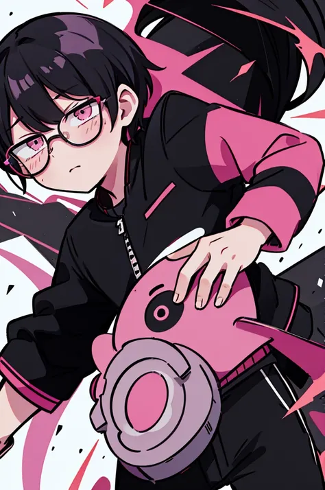 black pants, Sharp image, man, Black hair with pink ends, wearing a pink jacket. , has a dull, bored face, wears round glasses, has short, neat hair,