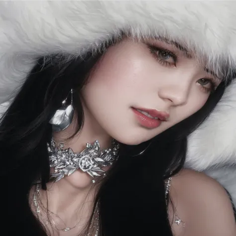 a closeup of a woman wearing a fur hat and a necklace, portrait of jossi de blackpink, jinyoung shin, profile picture, parque me, Lalisa Manoban of Blackpink, lalisa manobal, heonhwa choe, roseanne park by blackpink, Shiny from the rain, jossi de blackpink...