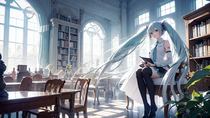 White haired Hatsune Miku、A library with an otherworldly atmosphere where books seem to float in the air