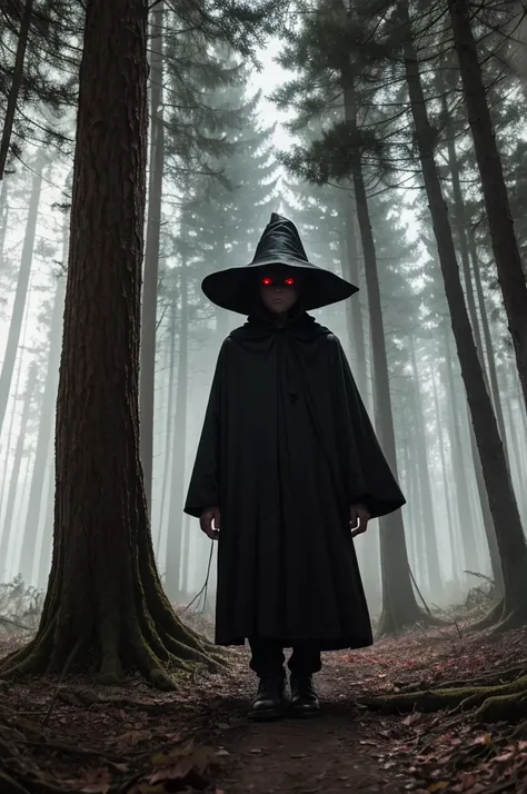 **Encounter with the Witch:**
   - "A boy stares in terror at a shadowy, indistinct figure with glowing red eyes. The witch is partially hidden in the shadows of the forest, his presence emanating an aura of menace and mystery, with twisted trees around."