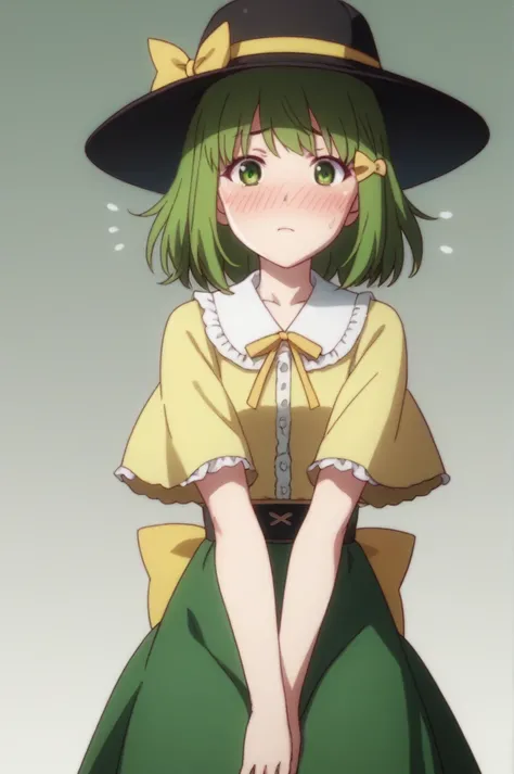 best quality, komeiji_koishi, 1girl, third_eye, yellow_shirt, black_hat, green_hair, frilled_sleeves, highres, frilled_shirt_collar, wide_sleeves, hat_bow, green_eyes, green_skirt, heart_of_string, yellow_bow, hat_ribbon,  diamond_button, yellow_ribbon, ey...