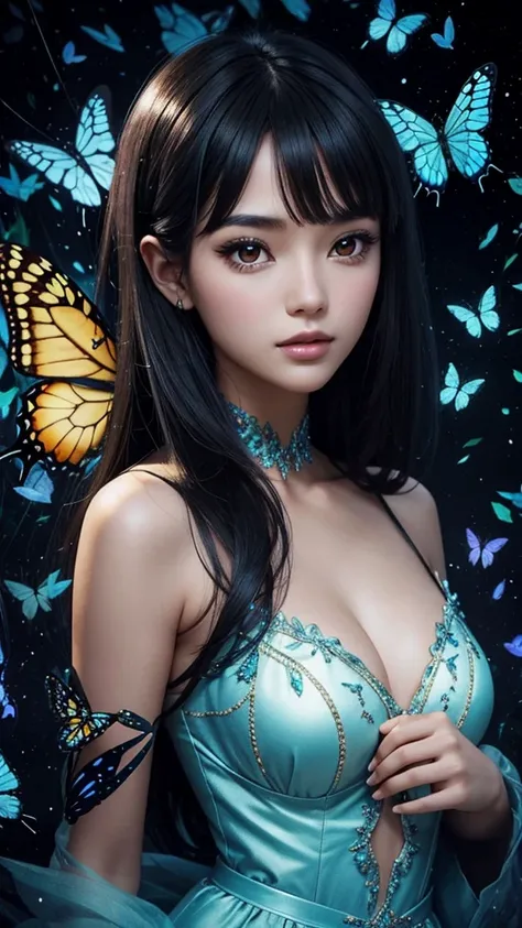 A beautiful black-haired woman surrounded by luminous butterflies