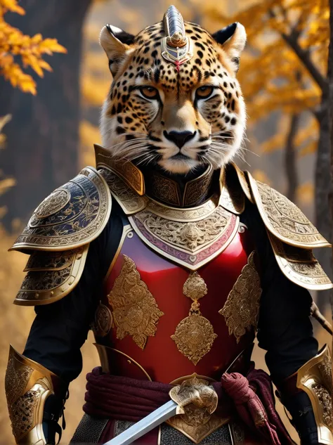 RAW photos，Lifelike photos of anthropomorphic creatures，Complex Ultra Detailed（Full body image）A ferocious cheetah warrior，Wearing a complete set(Carcass Armor)and a(Beautifully decorated large(Spade Helmet)Samurai helmet)，(Beautiful embroidery)，Shiny armo...