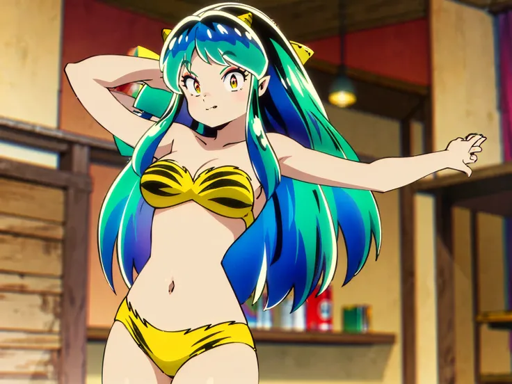 Tabletop, Highest quality, Ultra-high resolution, Highest quality, Anime Style, Alien Girl, They are, 17 years old, Attractive girl, Long Green Hair, Yellow horn, Ram, Ram_Bikini, Yellow tabby bikini, A carefree smile, Animated facial expressions, Face Foc...