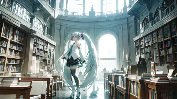 White haired Hatsune Miku、A library with an otherworldly atmosphere where books seem to float in the air