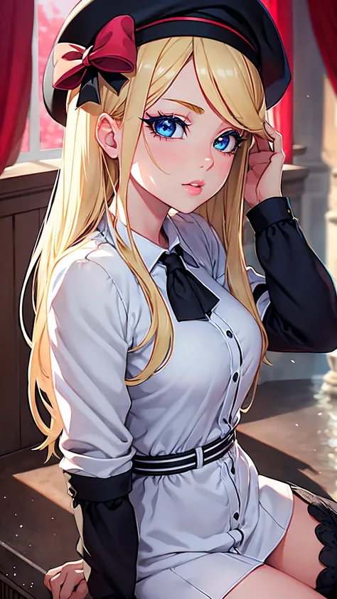 1girl, beautiful detailed eyes, beautiful detailed lips, extremely detailed face, long eyelashes, blonde hair, blue eyes, pink lips, , white shirt, black ribbon, charming atmosphere, manga artist, slightly erotic, wearing a red beret, holding a fountain pe...