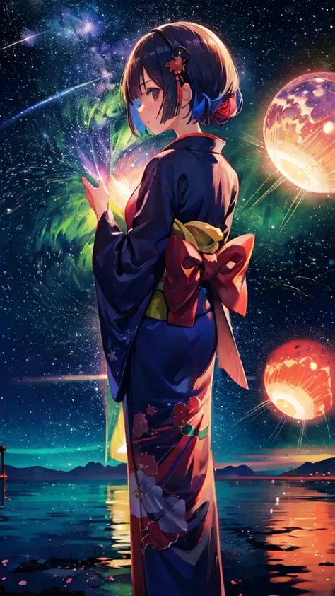 1girl, a distant girl in a kimono staring at the stars, (zoomed out: 1.1), (meteor shower: 1.2), (comet: 1.1), your name, low angle, from behind, northern lights, shooting stars, yukata, red kimono, cherry blossoms, Standing in the field, best quality, mas...