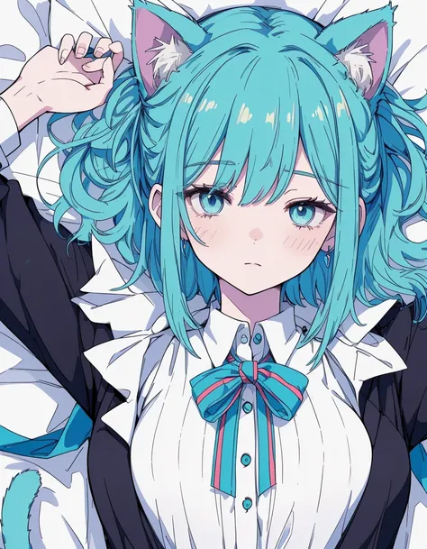 sleepy, lying, arms up, closed eyes, ((masterpiece, best quality:1.5)), ((Beautiful detailed cat aqua eyes:1.2)), cat ears, pale skin, small breasts, beautiful hands, beautiful fingers, EasyNegative