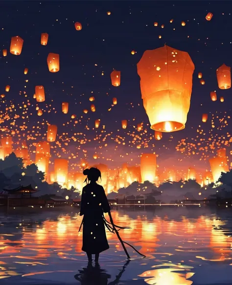 1.Place the river lanterns by the river，(((Kongming Lantern Wishing Lantern)))Many sky lanterns are lit on the water, floating lights, Lights and reflections, Glowing lights! Intermediate Metaverse Elements，number, glowing reflections, think. author：Shinka...