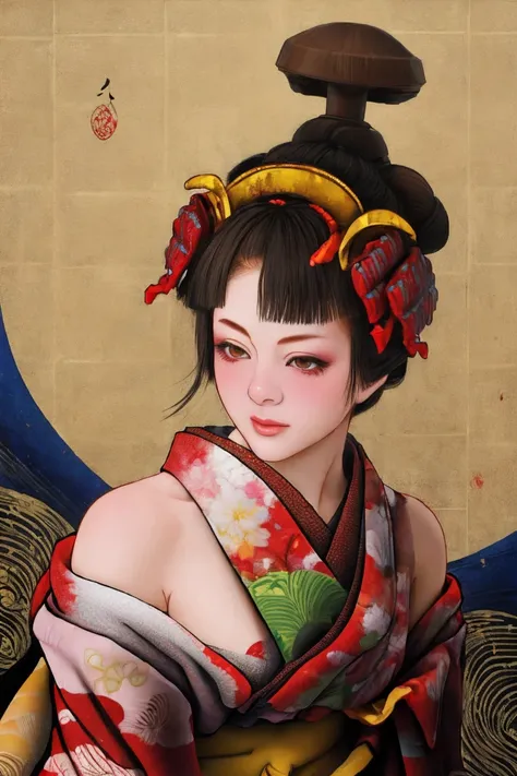 1 Girl, alone, Oiran, Maiko, country, Looking at the audience, short hair, Brown eyes, Brown Hair, Black Hair, hair ornaments, Upper Body, kimono, Blunt bangs, kimono, sash, Compensate, Bob cut hair, ((Bare shoulders)),