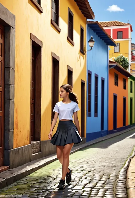 A 15-year-old girl in a miniskirt walking from right to left in front of an old wall in a South American town, side view, outdoors, sunny day, colorful buildings, cobblestone street, realistic, photorealistic, high detail, 8k