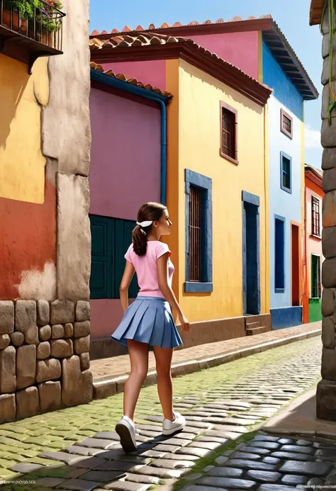 A 15-year-old girl in a miniskirt walking from right to left in front of an old wall in a South American town, side view, outdoors, sunny day, colorful buildings, cobblestone street, realistic, photorealistic, high detail, 8k