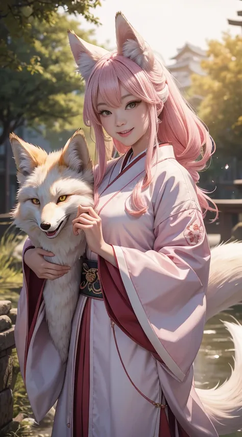 beautiful japanese young woman,Solo, Happy smiling official art, Unity 8k wallpaper, Ultra detailed, Beautiful and aesthetic, Beautiful, Masterpiece, Best quality, Kitsune witch, kitsune mask, Pink and white haori jacket, Foxfire spell, The fox is familiar...