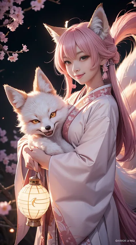 beautiful japanese young woman,Solo, Happy smiling official art, Unity 8k wallpaper, Ultra detailed, Beautiful and aesthetic, Beautiful, Masterpiece, Best quality, Kitsune witch, kitsune mask, Pink and white haori jacket, Foxfire spell, The fox is familiar...