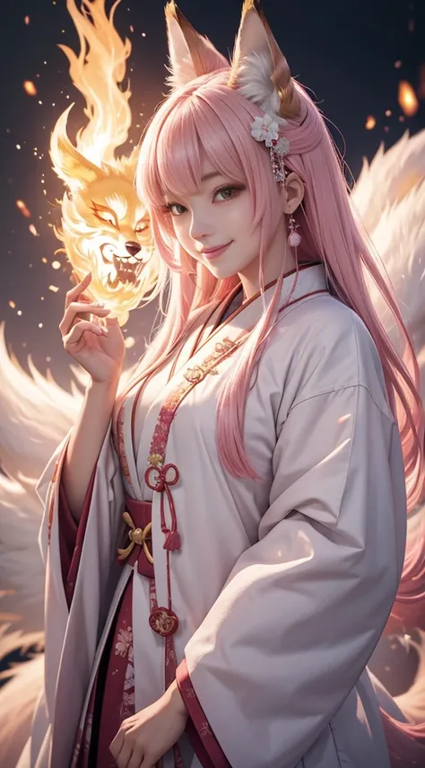 beautiful japanese young woman,Solo, Happy smiling official art, Unity 8k wallpaper, Ultra detailed, Beautiful and aesthetic, Beautiful, Masterpiece, Best quality, Kitsune witch, kitsune mask, Pink and white haori jacket, Foxfire spell, The fox is familiar...