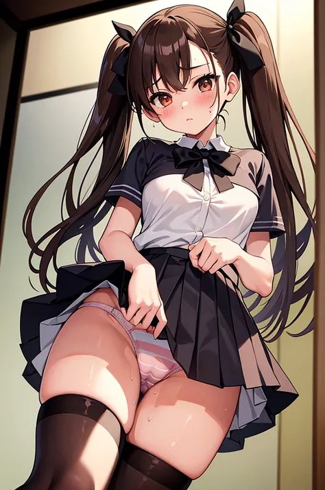 masterpiece, best quality, ultra detailed,,1girl, blush, sweat, mini skirt, lift skirt, upskirt, stripe panties, hair ribbon, twin tails, pleated skirt, thigh highs sox, loafers, camel toe,