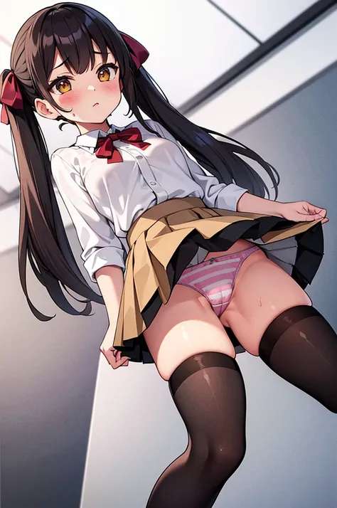 masterpiece, best quality, ultra detailed,,1girl, blush, sweat, mini skirt, lift skirt, upskirt, stripe panties, hair ribbon, twin tails, pleated skirt, thigh highs sox, loafers, camel toe,