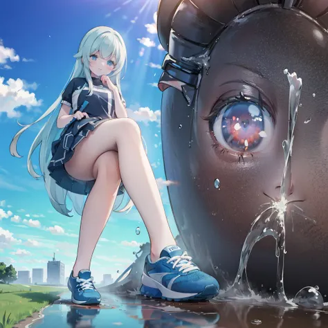 1000m tall happy giant girl walks along muddy path through puddles and tiny city model, Wear blue sneakers, Sunlight, Expressive, Exaggerated size, Extremely detailed, Splash，