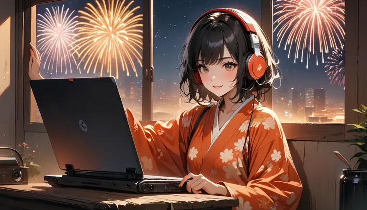 ((8k of extremely detailed CG unit, Masterpiece, high resolution, highest quality, highest quality real texture skin)), (((Fireworks from a large window))), (((Japanese patterned pajamas))), (((Japanese style headphones))), (((Smiling and watching the fire...