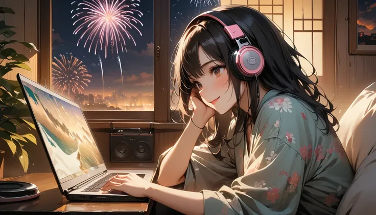 ((8k of extremely detailed CG unit, Masterpiece, high resolution, highest quality, highest quality real texture skin)), (((Fireworks from a large window))), (((Japanese patterned pajamas))), (((Japanese style headphones))), (((Smiling and watching the fire...