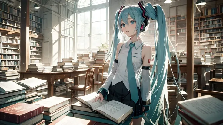 White haired Hatsune Miku、A library with an otherworldly atmosphere where books seem to float in the air