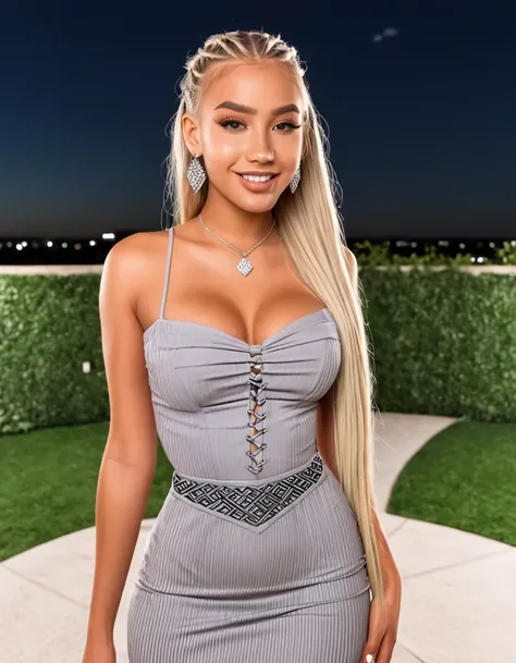 (best quality,4k,highres, highres face details), blonde long braided hair, 18 years old, instagram model, 36DD fake breast, fake lashes, fake lips, dark makeup, perfect skin, dark tan skin, she is skinny, she is caucasian, she is wearing a grey skin tight ...