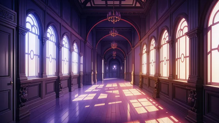 The hallway of the demon mansion,masterpiece,game CG,アニメ,Unmanned, No human,background,,,, indoor, Scary, sinister, purple, dark, devils house,