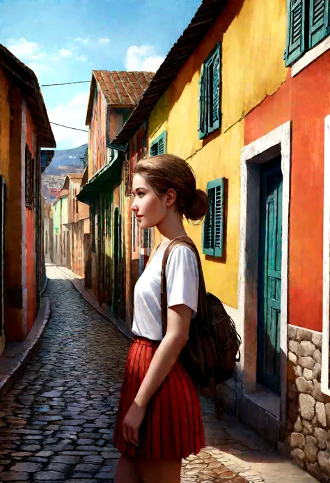 A 15-year-old girl in a miniskirt walking from right to left in front of an old wall in a South American town, side view, outdoors, sunny day, colorful buildings, cobblestone street, realistic, photorealistic, high detail, 8k