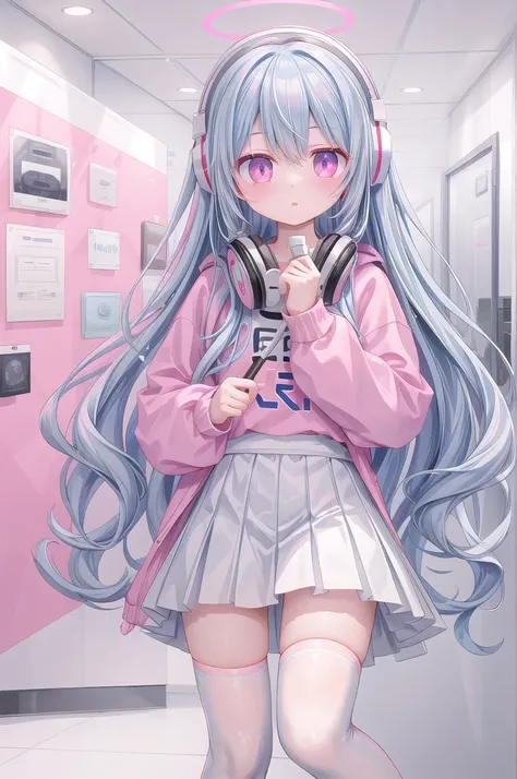 ，White knee socks，Light blue long hair，Pink and white sweatshirt，Pink Eyes，Blue headphones，The character stands，Role display picture