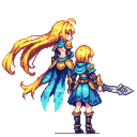 Pixel Art, Big Sword, cute,Back view,Highest quality,One Girl,Fantasy,whole body,White background,Blonde,armor,Long Hair