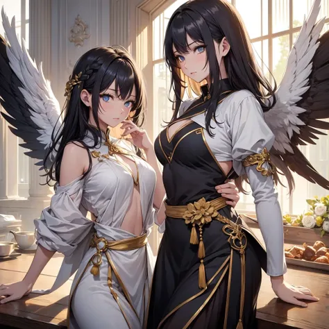 ((On the table, best quality)), Delicate face, Character Design Sheet，whole body, Perfect proportion，Rich in details, Multiple poses and expressions, Very detailed, Martial Arts Girl，1Girl with black wings，Gradient hair color，Golden，Delicate eyes, see thro...