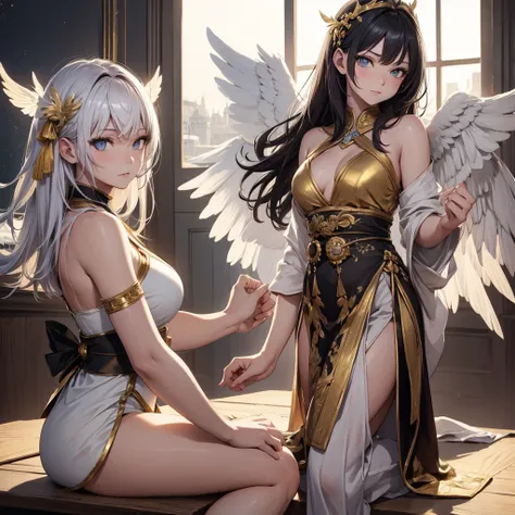 ((On the table, best quality)), Delicate face, Character Design Sheet，whole body, Perfect proportion，Rich in details, Multiple poses and expressions, Very detailed, Martial Arts Girl，1Girl with black wings，Gradient hair color，Golden，Delicate eyes, see thro...