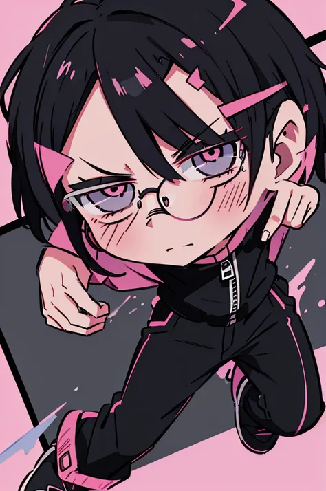 black pants, Sharp image, man, Black hair with pink ends, wearing a pink jacket. , has a dull, bored face, wears round glasses, has short, neat hair,