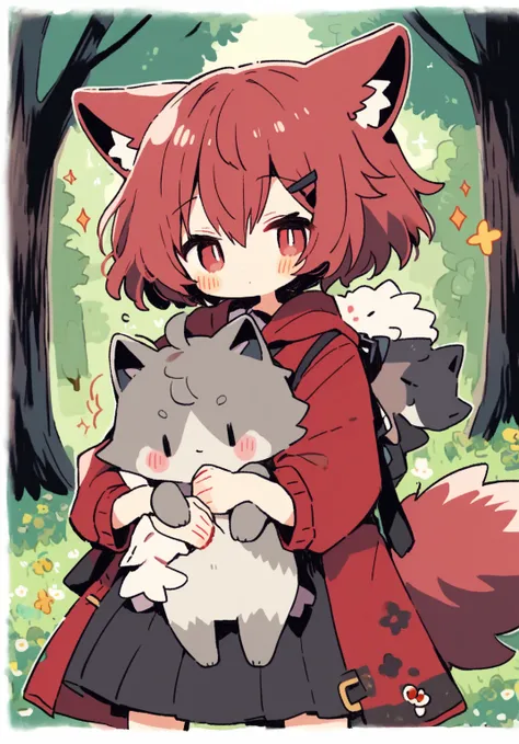 tegaki chibi 1girl 1boy Red hooded girl and wolf ears boy hug in the forest gothic lolita