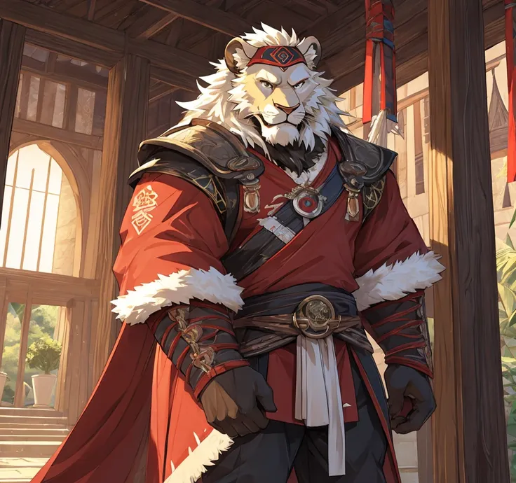 brave, great and noble lion samurai warrior,(whole body white fur), wearing very detailed red samurai armor,he wears a red mask ...