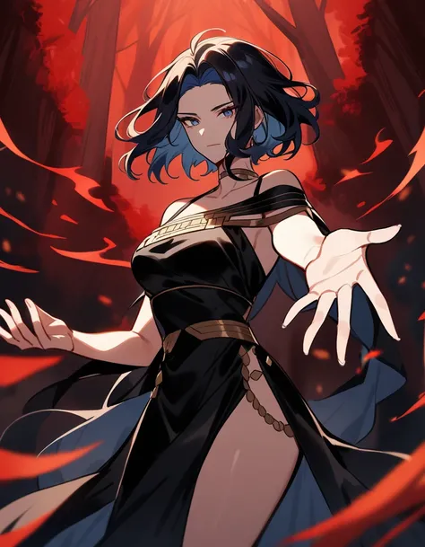 female greek goddess hades with short hair, wearing a black greek dress, gently reaching out to help you, in a red forest