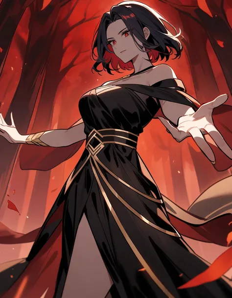 female greek goddess hades with short hair, wearing a black greek dress, gently reaching out to help you, in a red forest