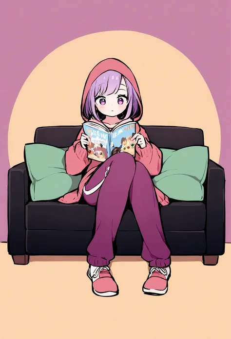 draw a cute purple haired anime
Girl relaxing on the couch in a hoody and track pants at home reading a magazine called "HAM".