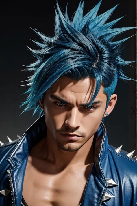 Anime-style portrait of a young male character with spiky, windblown blue hair that is messy and voluminous. The hair is styled with numerous sharp, jagged spikes that radiate in all directions, giving it a dynamic and energetic appearance. The character w...