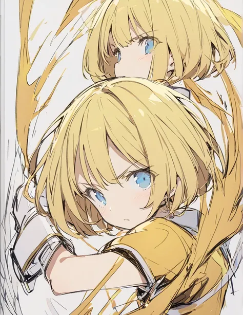 A girl fighting with golden flames(Sketches), (Open Close), (Small body), (Blonde:1.5） (Short Bob Hair:1.4), (Blue eyes)輝く
