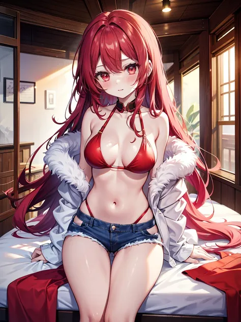 Red hair，Red Eyes，Long hair，Double tail，blush，Li Xiuning（destiny）Large Breasts，Red Sling Bikini，Bedroom background，Denim shorts，camel toe, naked women,