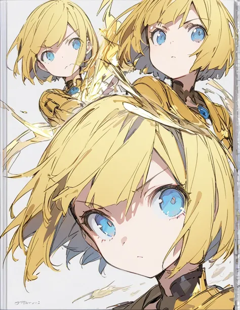 A girl fighting with golden flames(Sketches), (Open Close), (Small body), (Blonde:1.5） (Short Bob Hair:1.4), (Blue eyes)輝く　戦う
