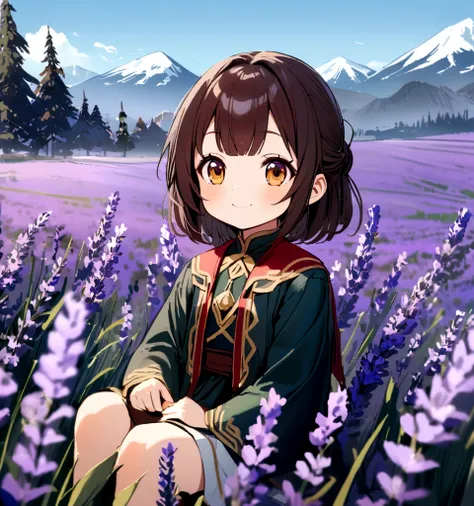 A 6 year old girl is sitting in a lavender field, smile, blue sky, Baiyun, Fir Mountain,cute.