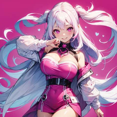 1girl、Dynamic composition、((Perspective Lens, A woman with long milky white hair and pink inner color, Dynamic pose with a cute smiling face, He is holding a syringe bigger than himself towards the viewer.)) ((Pure Magenta Background:1.2)),Looks like she&#...