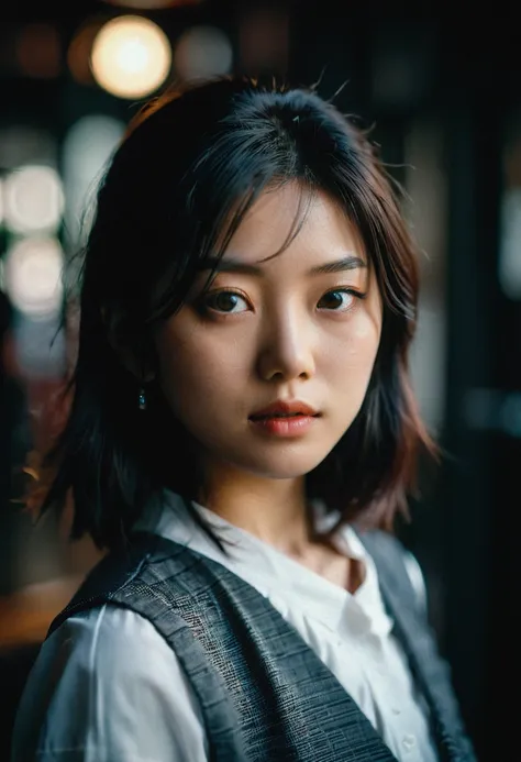 closeup portrait of a beautiful japanese girl focus on eyes dramatic shadow evocative analog film noise, half body portrait, cinematic, movie still, captured in the style of Sony Alpha A7 III camera