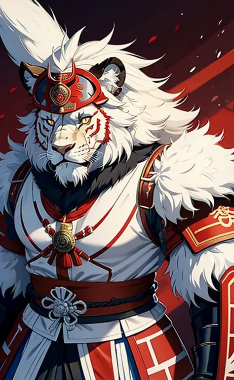 brave, great and noble lion samurai warrior,(whole body white fur), wearing very detailed red samurai armor,he wears a red mask ...