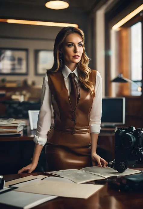 cinematic photography in analogue style, movie по-прежнему великолепен  (((oh woman))) in the series &quot;The Office&quot;, (draw up:0.6), office background, ((highly detailed skin, leather details)), sharp focus, volumetric light, HD, high quality, movie...