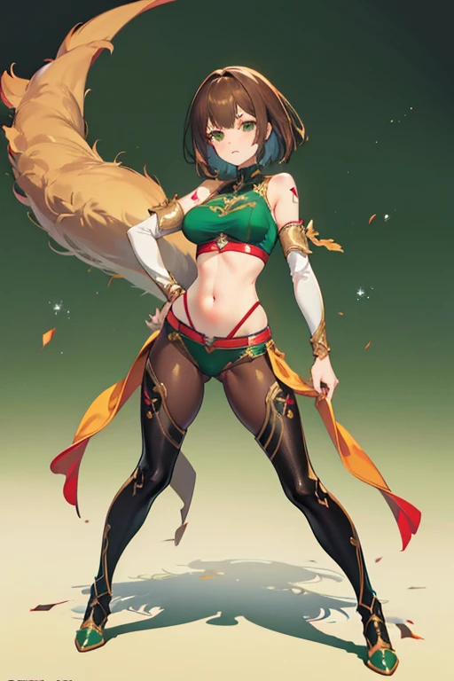 Under the legend，Chara，girl，sexy for，Crop tops，hot pant，stocklings，Full body standing painting，tempting pose，with short brown hair，Be red in the face，Mannequin，Lust，Hand repair，the detail，X-rated，Sex clothes，green color，k hd, camel toe,